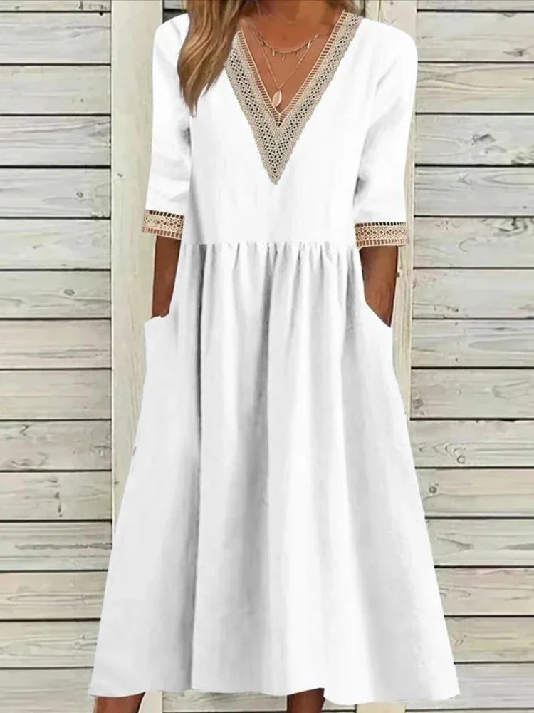 Abito Estivo da Donna 2026 Nuovo in Cotone e Lino a Mezza Manica con Scollo a V, Vestito Casual Chic Vintage con Inserti, Vestito Midi Ampio