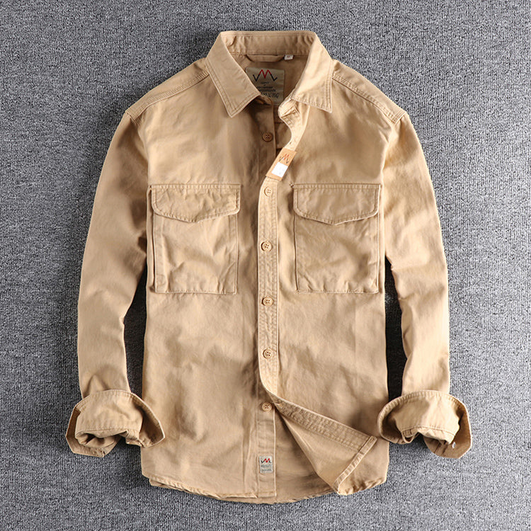 Autunno nuova camicia da lavoro in tinta unita kaki con lavaggio retrò 204 giacca ampia da uomo con tasca tridimensionale