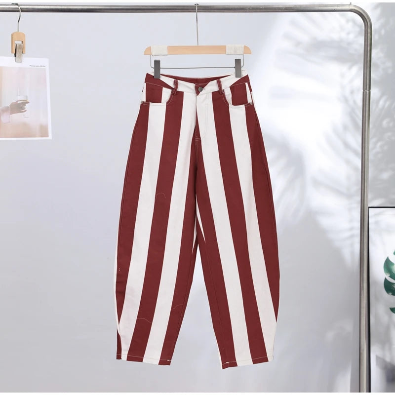 Jeans da Donna a Righe Stile Street Fashion con Cerniera, Bottone e Tasche, Gamba Larga, Pantaloni in Denim Chic Primavera Estate 2026