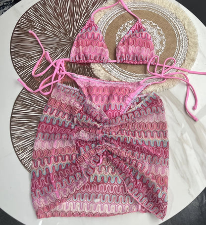 Costume da bagno estivo da donna nuovo, bikini lavorato a maglia in 3 pezzi con costumi da bagno con copertura avvolgente e scollo all'americana per le vacanze al mare