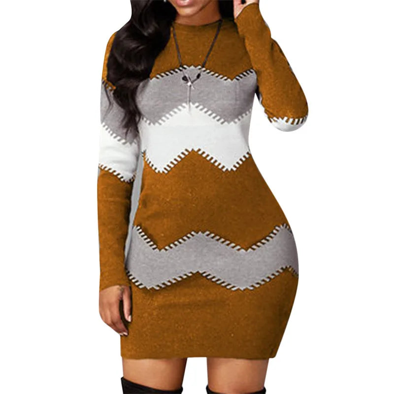 Abito caldo a maniche lunghe patchwork elegante da donna 2022 abito maglione lavorato a maglia a costine autunno inverno mini abiti pullover dolcevita casual