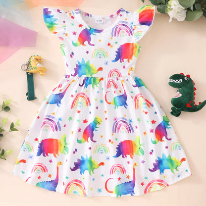 2024 Bambini Vestono Vestiti Della Ragazza Festa di Compleanno Dinosauro Estate Manica Corta Unicorno Neonate Abiti da Principessa 2 3 5 6 7 8 Anni