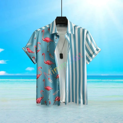 2025 Camicia con stampa foglia e fenicottero per uomo Camicia hawaiana Casual Beach Manica corta Moda Top Camicetta maschile Abbigliamento estivo