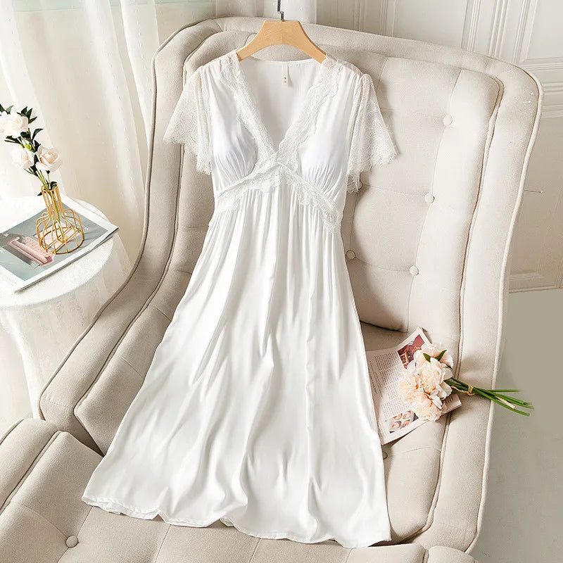 Fdfklak camicia da notte estiva da donna a maniche corte sottile in raso di seta Sexy nuova camicia da notte da notte da notte da donna in pizzo principessa