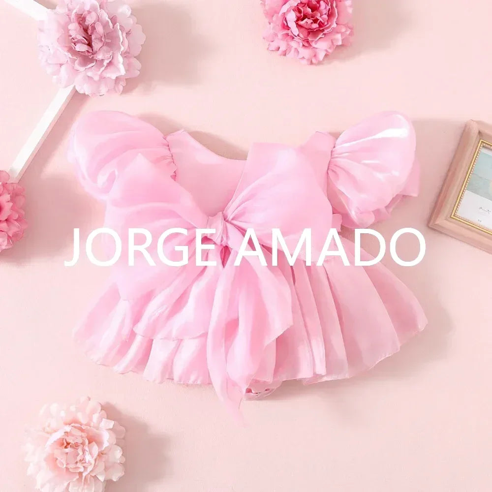 Completi Estivi Coordinati per Gemelle, Body a Maniche Corte con Grande Fiocco, Abiti Principessa con Schiena Scoperta, Abbigliamento per Bambine H0404