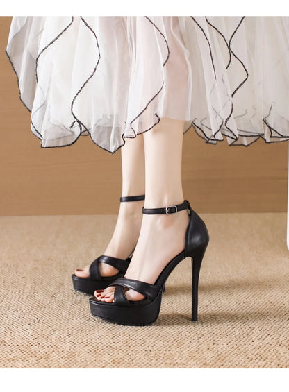 Sandales d'été à plateforme épaisse pour femmes, chaussures de défilé de super mannequin, talon haut fin de 14 cm, talon couvert noir, chaussures de soirée élégantes