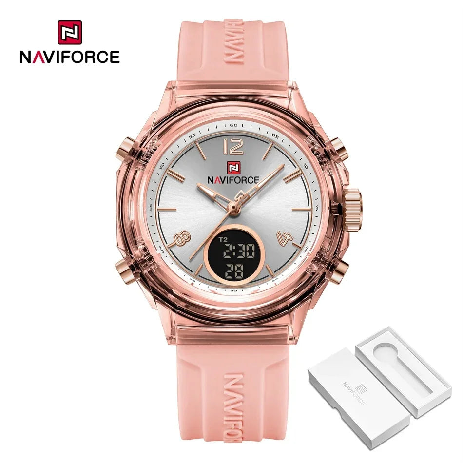 NAVIFORCE Orologio da donna di lusso Orologio sportivo all'aria aperta in oro Orologi impermeabili Doppio display dell'ora Orologi da polso al quarzo Orologio digitale in gomma