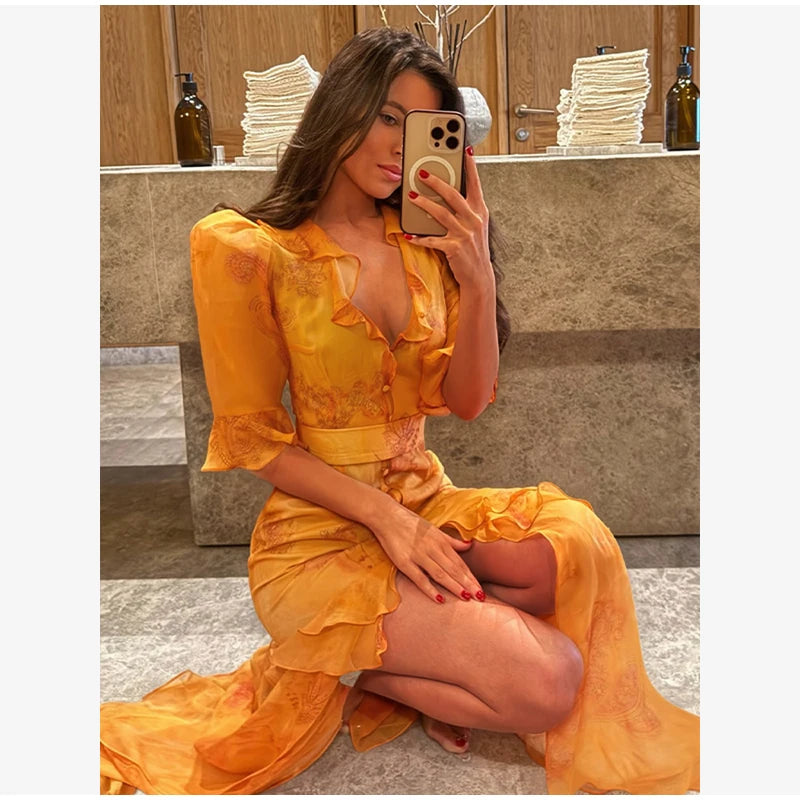 Elegante Abito Stampato con Inserti in Pizzo da Donna, Scollo a V Profondo, Mezza Manica, Vita Stretta, Spacco, Vestito Midi 2026, Abito da Festa per Donna