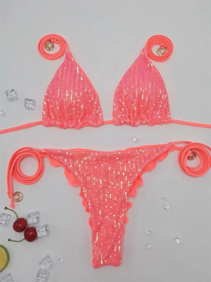 Solid Bikini Sexy Swimsuit Halter Swimwear Bathing Suit Women  Bikini Set Beach Wear Shiny Bikni Sets