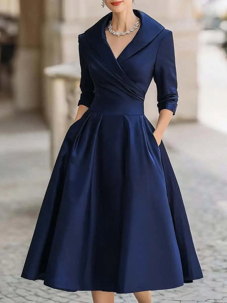 Office Lady Slim A-Line Dress Donna 2025 Autunno Inverno Moda Manica lunga Colletto rovesciato Abiti maxi Abiti eleganti