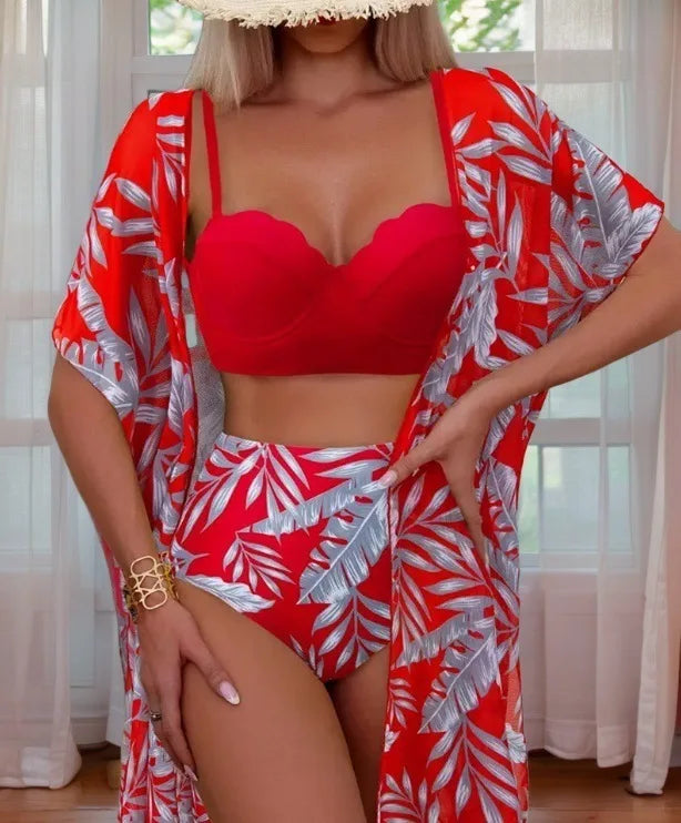Elegante stampa 3 pezzi bikini set costume da bagno donna vintage bikini a vita alta maglia cover up 2025 nuovo costume da bagno biquini femminile