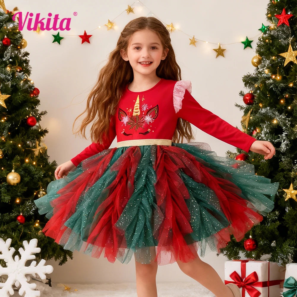 VIKITA Bambini Natale Capodanno Abito da festa Regalo Bambini Fiocchi di neve Unicorno Rosso Verde Scintillante Abiti tutù in tulle a strati scintillanti
