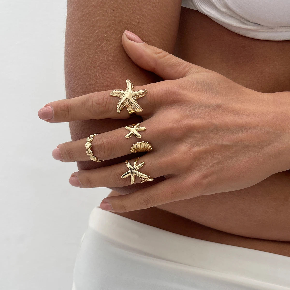 SHIXIN 4 pz/set Starfish capesante anelli aperti regolabili per le donne anello geometrico alla moda Color oro accessorio per gioielli da spiaggia estiva