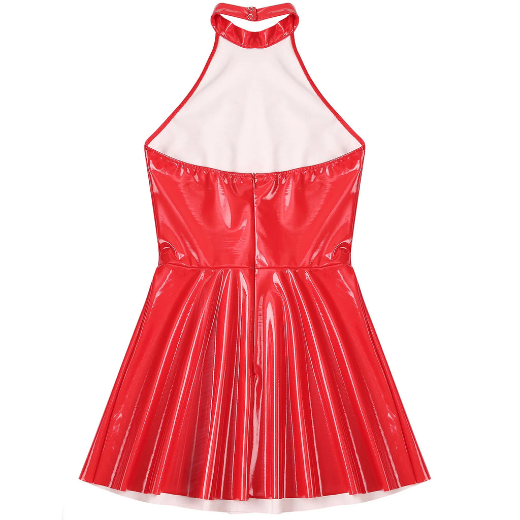 Abito sottoveste in pelle verniciata Sexy effetto bagnato da donna O-Ring rivetti con spalline scollo a V Punk gotico a-line Mini abiti Rave Party Clubwear
