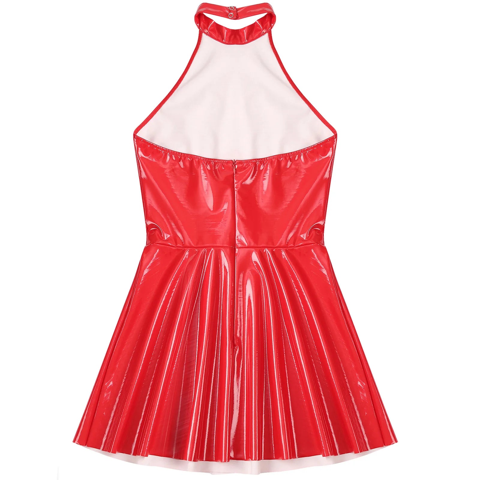 Abito sottoveste in pelle verniciata Sexy effetto bagnato da donna O-Ring rivetti con spalline scollo a V Punk gotico a-line Mini abiti Rave Party Clubwear