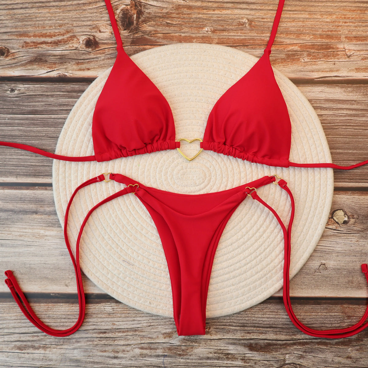 Damen Sexy Brasilianischer Bikini Set Neckholder Triangel Top String Unterteil Zweiteiliger Badeanzug Herz Bademode Sommer Strandmode