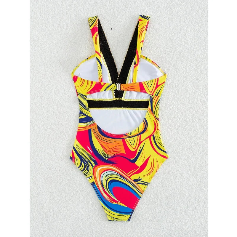Vintage Print V Neck One Piece Swimsuit Women Sexy Backless High Waist Bodysuits Bikinis 2026 New Summer Vacation Bathing Suit