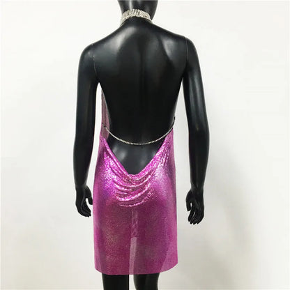 AKYZO Mini abito patchwork con paillettes dorate sexy Donna senza maniche Taglio basso Catene di metallo Halter Slim Abiti da festa da discoteca affascinanti