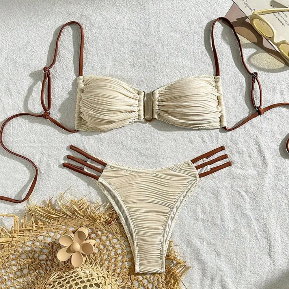 2 pezzi/set donna costume da bagno diviso bikini set fionda fascia reggiseno imbottito texture antirughe slip set moda costumi da bagno sexy