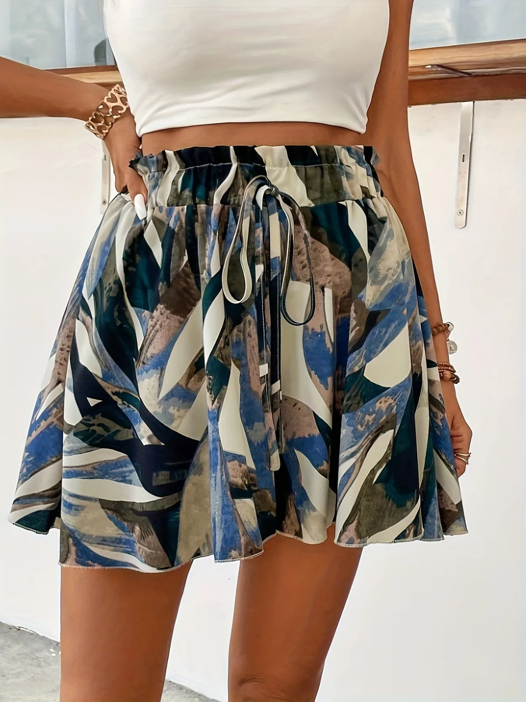 Pantaloncini bohémien da donna a vita alta con coulisse pantaloncini larghi pantaloncini da spiaggia comodi e leggeri pantaloni corti a gamba larga con stampa