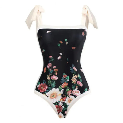 2 pezzi/set costume monokini da donna stampa vintage costume intero con cravatta al collo quadrato con gonna costume da bagno da donna con copertura da spiaggia