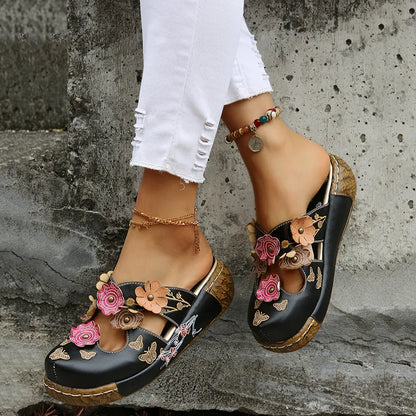 Damen-Sommersandalen mit Blumen im Ethno-Stil, Retro-Plateau-Hausschuhe, handgefertigt, bequem zum Gehen