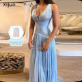 Xijun Abiti da sera lunghi in raso di seta blu sexy con scollo a V senza maniche Abiti da ballo Arabia Saudita Abiti da ballo per occasioni formali Personalizza