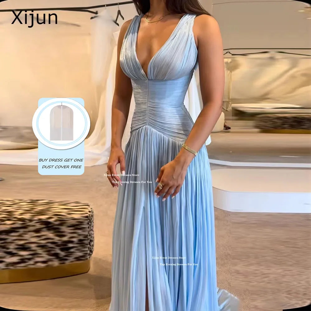 Xijun Abiti da sera lunghi in raso di seta blu sexy con scollo a V senza maniche Abiti da ballo Arabia Saudita Abiti da ballo per occasioni formali Personalizza