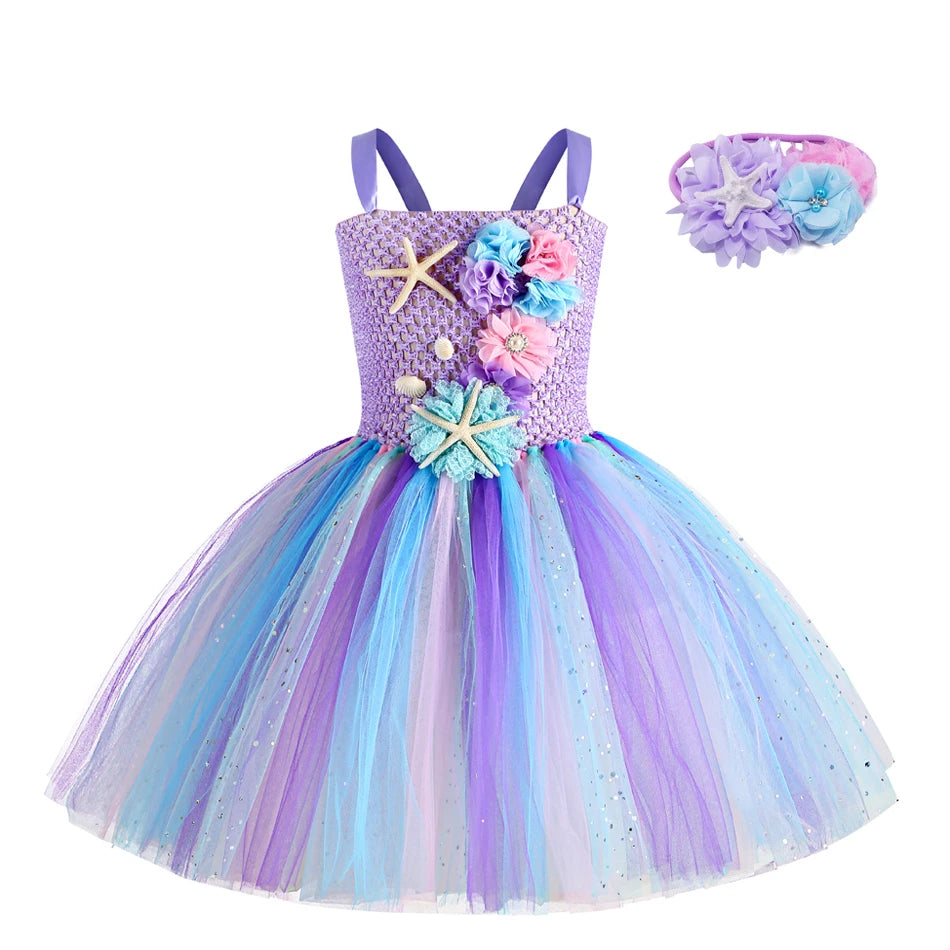 Abito tutù a sirena per ragazze sotto il mare Costumi di carnevale per feste di compleanno a tema con fascia per fiori Abiti per Halloween oceano 1-12 anni