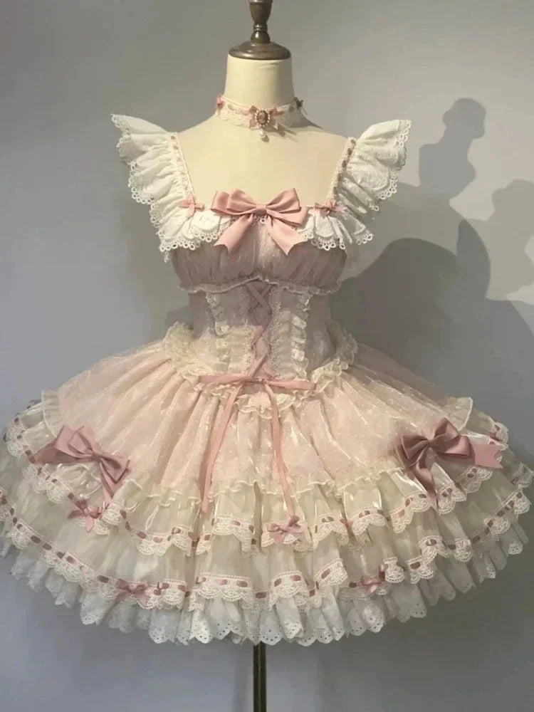 Sweet Lolita Y2k Mini abiti da donna patchwork in pizzo manica corta fasciatura elegante abito da festa corto vintage francese estivo femminile
