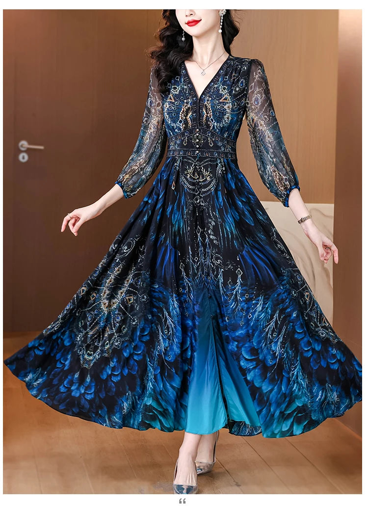 Vacanza primaverile Boho Beach Hepburn Maxi Abiti 2025 Stampa vintage da donna Elegante abito da sera estivo in seta di lusso