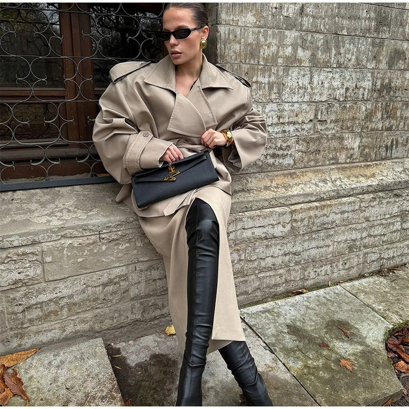 Trench con lacci con risvolto solido per le donne Moda maniche lunghe spalla larga cappotto corto allentato 2025 Nuovo autunno pendolari Outwear