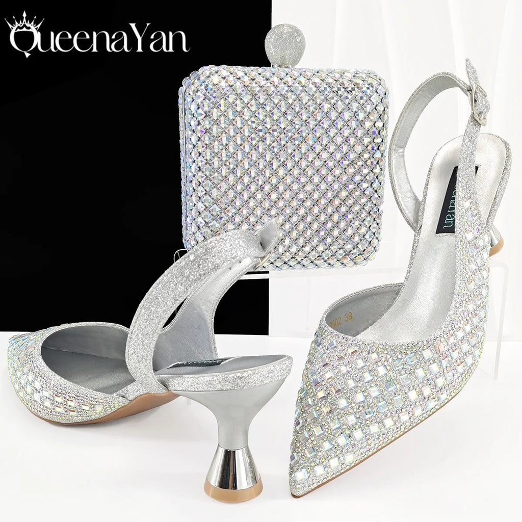 Queena Yan Italian Design Rhinestone Luxury Green Colour Pointed Toe Shoe & Bag Set Women's High Heels for Parties High Quality