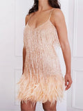Abito estivo elegante con nappe e paillettes Abito da donna sexy sottile senza maniche con scollo a V a vita alta con bretelle e cuciture in piume