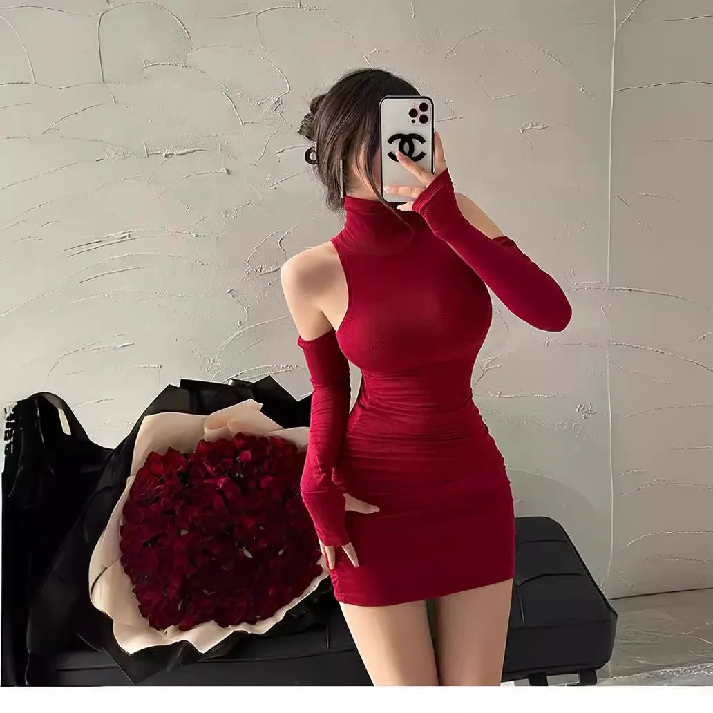 Robe moulante sexy d'été à col montant avec mancherons, bas plissé et hanches enveloppées pour femme
