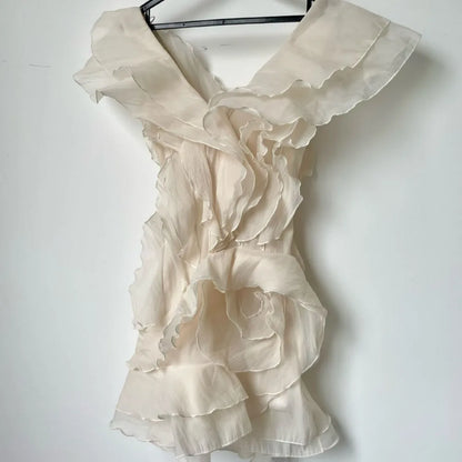 Y2K Mini abito con volant per donna Moda irregolare Abiti da vacanza al mare Estate Sexy con spalle scoperte Abiti da festa di compleanno 2025