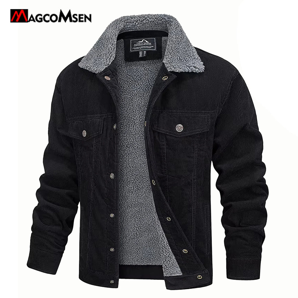 MAGCOMSEN Giacche di velluto a coste da uomo Giacca a vento in pile Sherpa vintage Cappotti invernali spessi e caldi Giacca di jeans casual multitasche