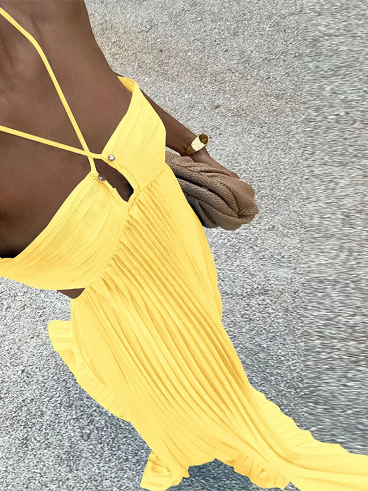 Abito Lungo Estivo da Donna con Scollo all'Americana e Pieghe, Senza Schienale, Senza Maniche, Blu, per Vacanze al Mare, Moda Femminile 2026, Vestito a Trapezio