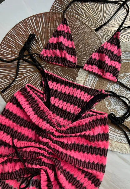 Costume da bagno donna Gonna bikini lavorata a maglia con foglie d'acero colorate Set tre pezzi Costume da bagno diviso Bikini