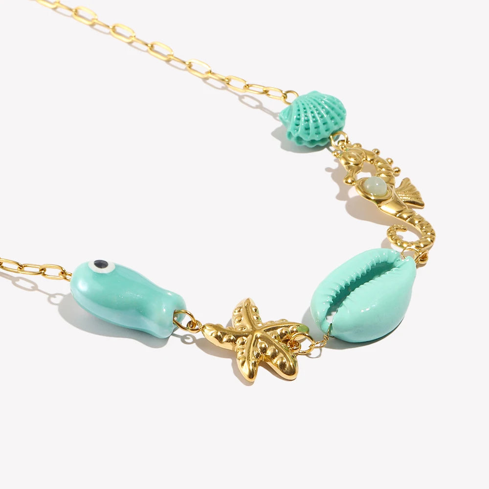 E.B.belle Vacances d'été Poisson bleu Étoile de mer Hippocampe Coquillage Pendentif Collier Acier inoxydable plaqué or Bijoux pour femmes