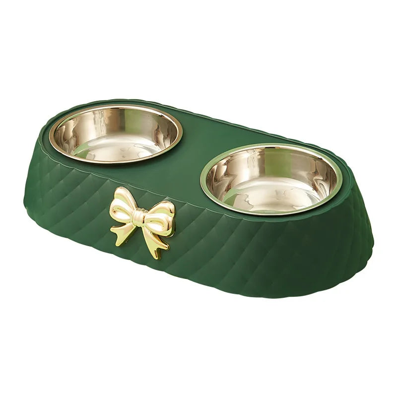 Forniture per animali domestici Papillon Bowknot Ciotola per cibo per gatti Base in PP Ciotola per cani Doppio accessorio per animali domestici in acciaio inossidabile Alimentazione Bere Doppia ciotola