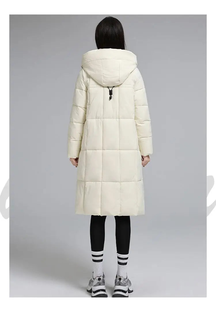 Caldo piumino in cotone da donna Inverno 2025 Nuova versione coreana Cappotto lungo con cappuccio allentato Cappotto Parka spesso antivento femminile