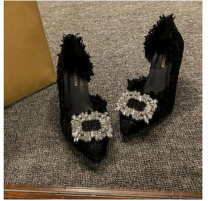 Stiletto Heels 2024 White Wedding Shoes Fashion Pointy Square Button Rhinestone Sandals Temperament Women's Women's Shoes