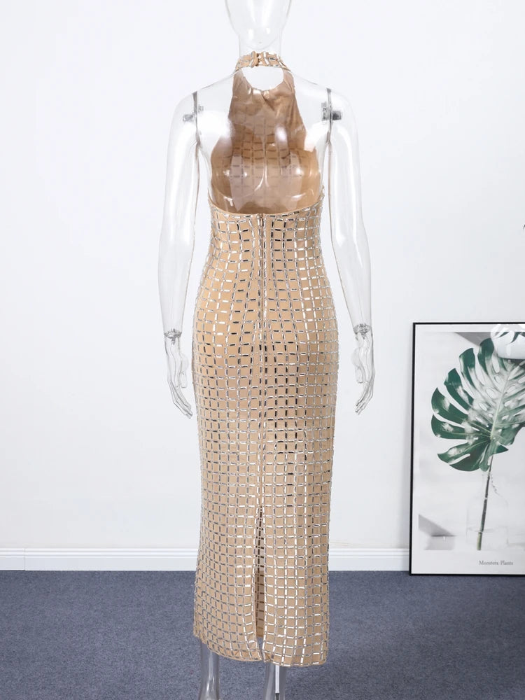 Diamanti di lusso Halter Abito lungo da donna Sexy Slim senza maniche Backless Split Abiti da festa 2026 Primavera Estate Lady Abiti da sera