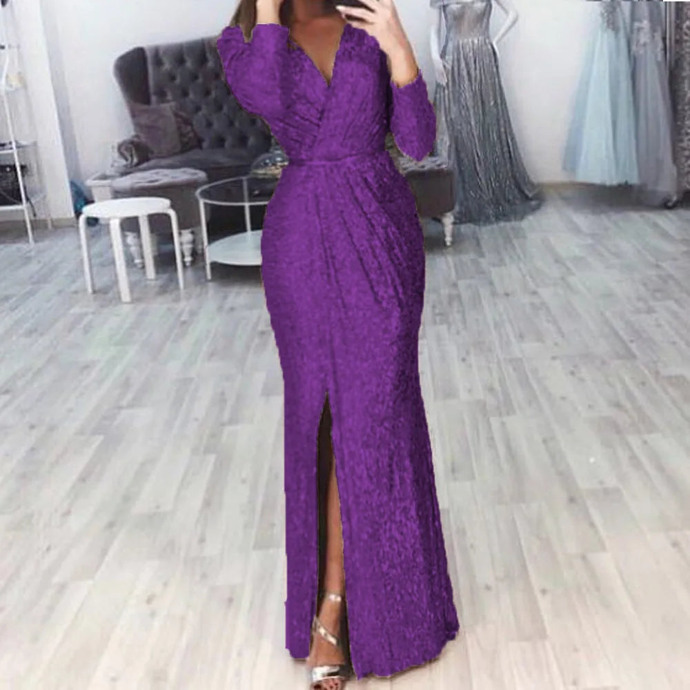 Abito lungo da donna elegante con scollo a V a maniche lunghe da festa Autunno Inverno Moda con paillettes Vita sexy Abiti maxi slim casual con spacco alto
