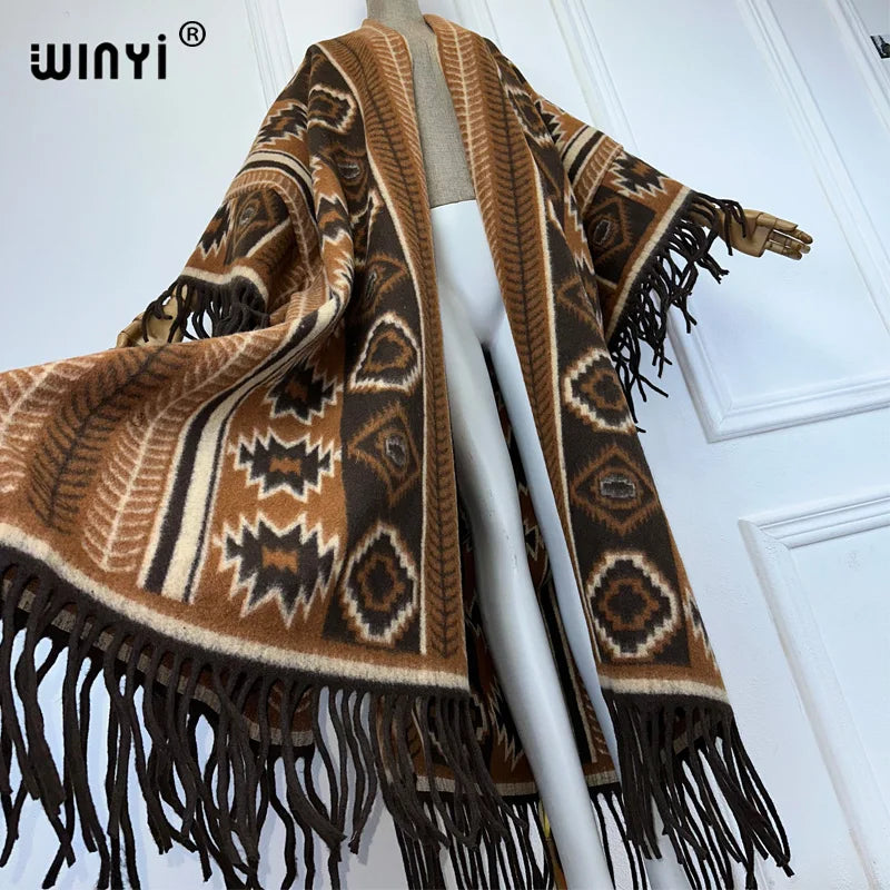 WINYI Inverno Donna Cardigan con frange stampa abaya dubai Cappotto di lusso Cappotto allentato Spessore caldo Capispalla femminile lungo piumino