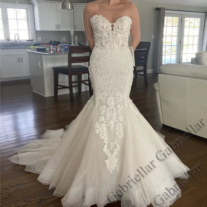 Gabriellar eleganti abiti da sposa a sirena per le spose scollo a V applicazioni tulle volant pieghe al largo della spalla personalizzati