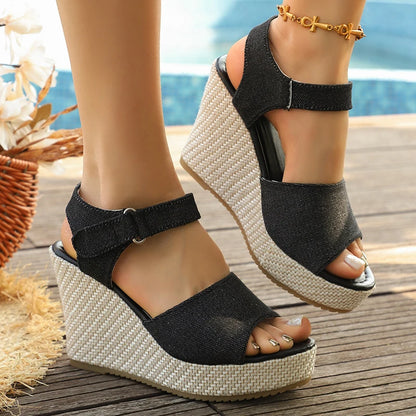 Sandales d'été compensées à talon haut pour femmes, Talon super haut 10 cm, Sandales décontractées à lanière de cheville et plateforme, Grandes tailles 43