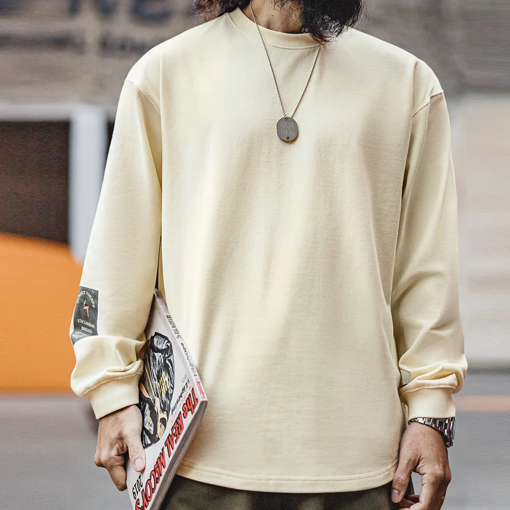 Maden T-shirt a maniche lunghe con stampa sul retro vintage Pullover ampio casual girocollo per top street-style da uomo primavera e autunno anni '60