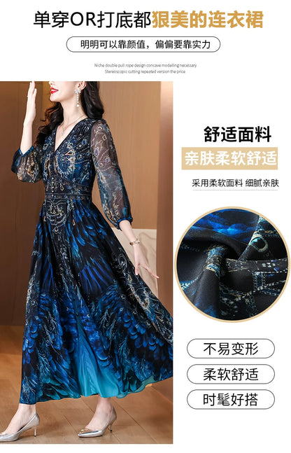 Vacanza primaverile Boho Beach Hepburn Maxi Abiti 2025 Stampa vintage da donna Elegante abito da sera estivo in seta di lusso